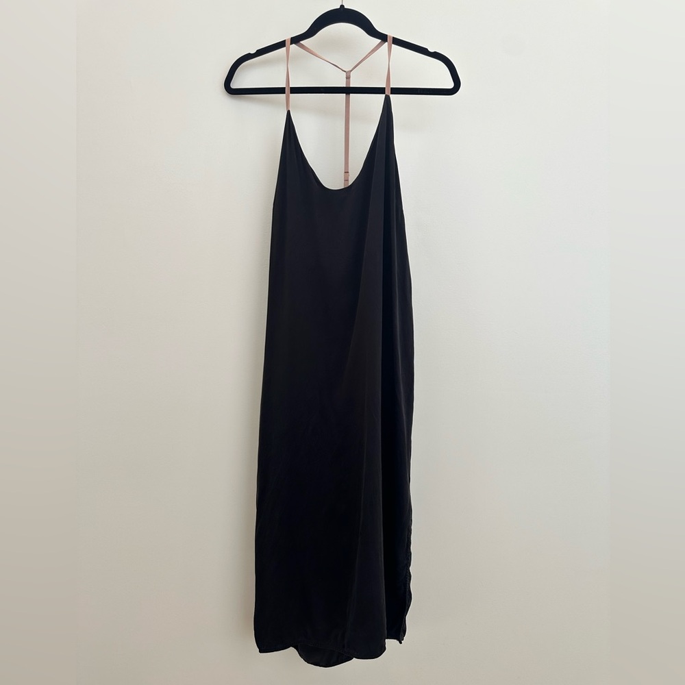 Lunya Washable Silk Slip Dress Black Strappy Back Midi Sz L